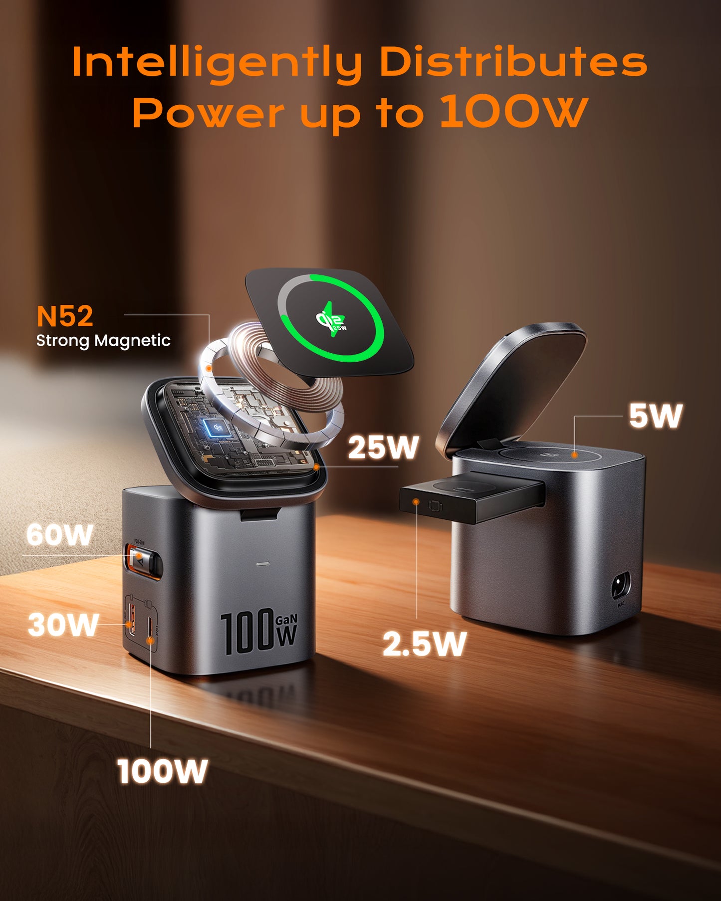 Sunnymark 6-in-1 100W GaN Charging Station with 25W Qi2 Magnetic Charger-Blue