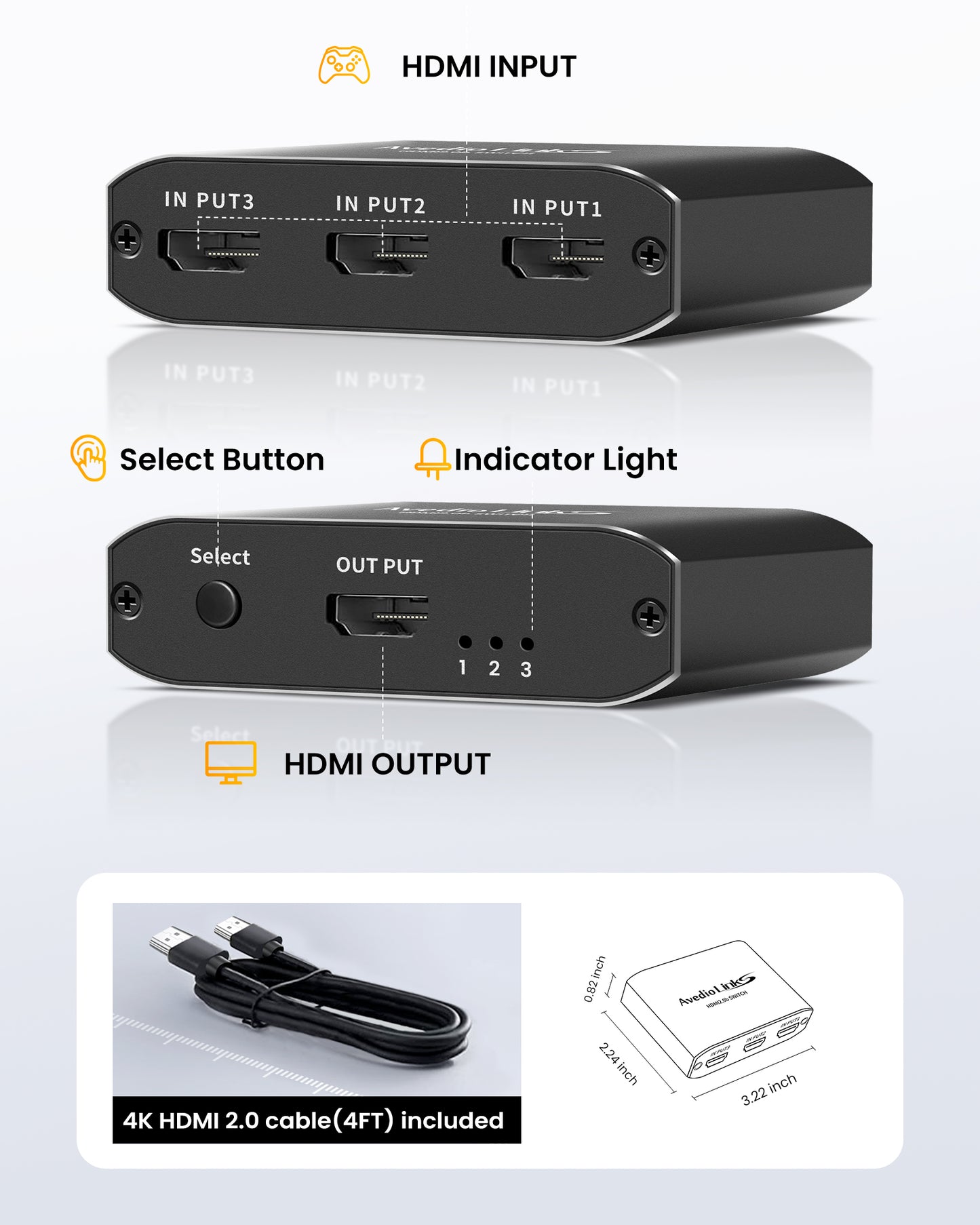 Avedio Links 4K HDMI 3 in 1 Out Switcher 6132