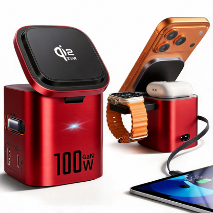 Sunnymark 6-in-1 100W GaN Charging Station with 25W Qi2 Magnetic Charger-Red