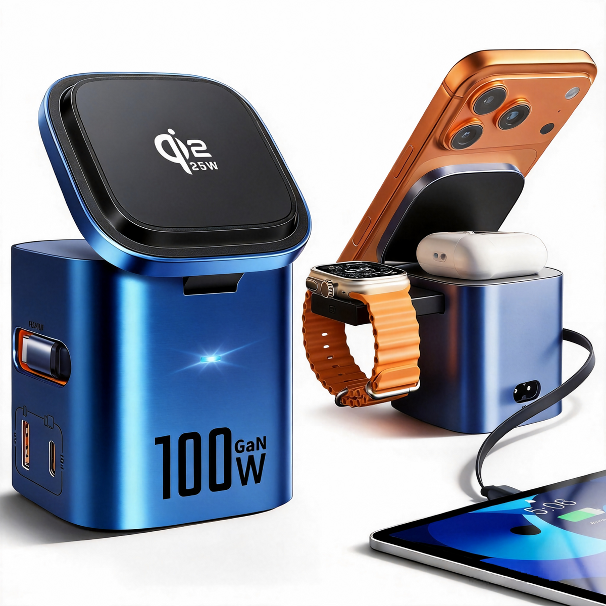 Sunnymark 6-in-1 100W GaN Charging Station with 25W Qi2 Magnetic Charger-Blue