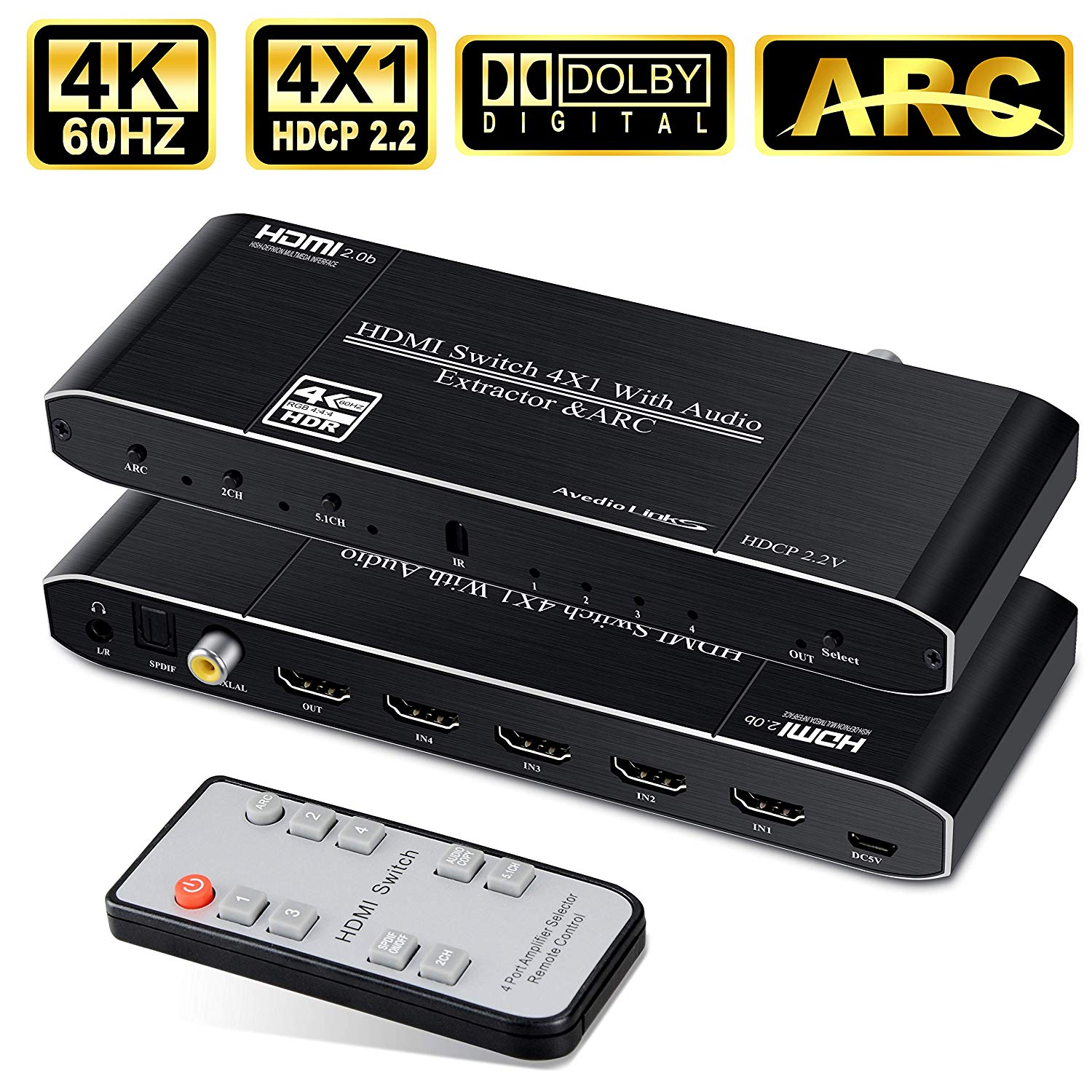 Scaler 4K 1080P Synch 3.5mm Stereo Audio AV Access HDMI Matrix 4x2 4K@60Hz 4:4:4 HDR Dolby Vision ARC CEC SPDIF 5.1CH HDCP 2.2 HDMI 2.0 Matrix 18Gbps with IR Remote API RS232 4 in 2 Out 